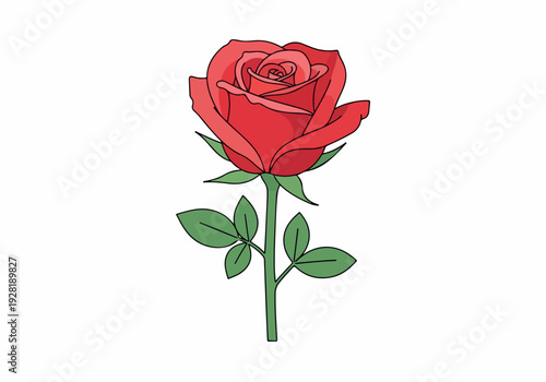 A vibrant red rose, captured in a simplified, illustrative style, showcases its delicate petals and green leaves, symbolizing love and beauty