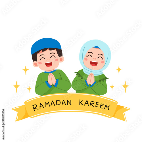Ramadan Kareem illustration with happy Muslim kids