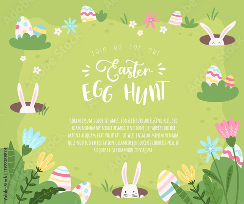 Cute Easter Egg hunt design, hand drawn with cute bunnies, eggs and decorations - great for invitations, banners, wallpapers - vector