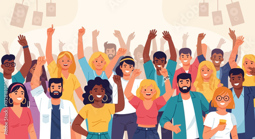 Diverse group of people celebrating together with raised hands.