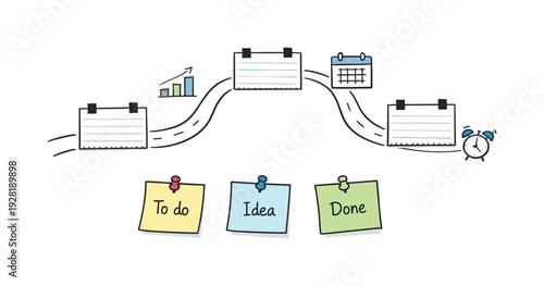 Milestone roadmap path, notebook strips as checkpoints, mini chart and calendar icons, pinned sticky notes for Parenting schedule