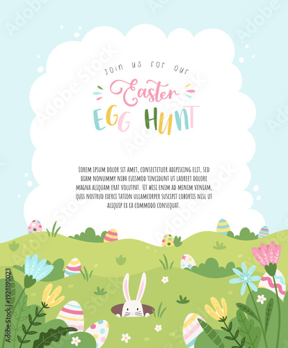 Cute Easter Egg hunt design, hand drawn with cute bunnies, eggs and decorations - great for invitations, banners, wallpapers - vector