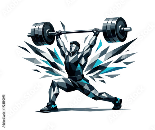 Low-poly vector illustration of a weightlifter driving the bar overhead in the jerk phase, powerful split stance with angular