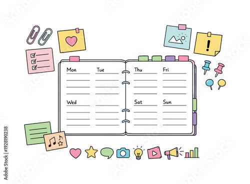 Open weekly planner spread, tabbed notebook pages, paper clips and sticky notes, small reminder icons for Brand content planner