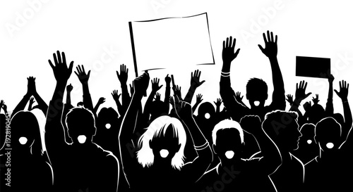 Silhouetted crowd protesting with raised hands and blank signs.