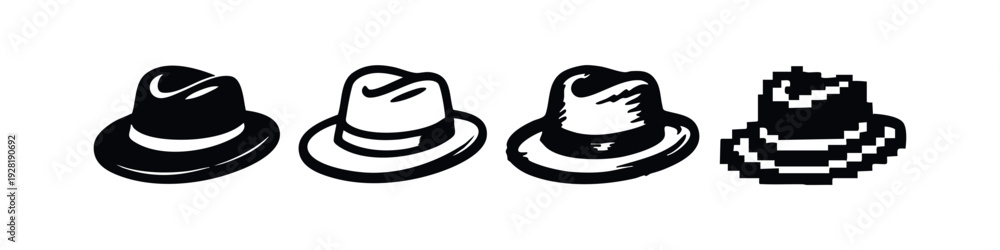 Εκτύπωση καμβά Fedora Hat Icon Set in Various Styles: Solid, Outline, Distressed, and Pixel Art