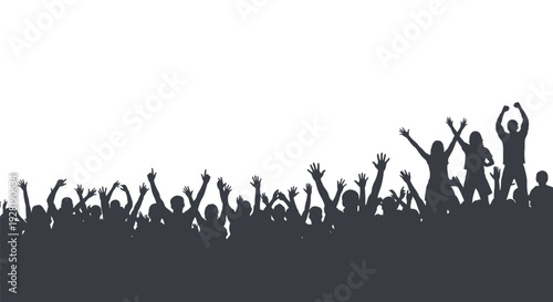 Silhouetted crowd of people celebrating with raised arms against a white background.