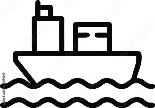 A simple outline icon depicting a cargo ship sailing on wavy water for global logistics