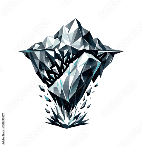 Low-poly vector illustration of an iceberg calving break breakthrough moment, ice slab fully detaching and dropping away in a
