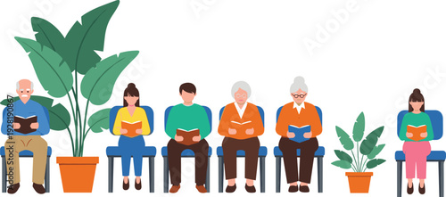 Diverse group of people sitting and reading books in a waiting room with indoor plants representing education literacy community library and quiet public space