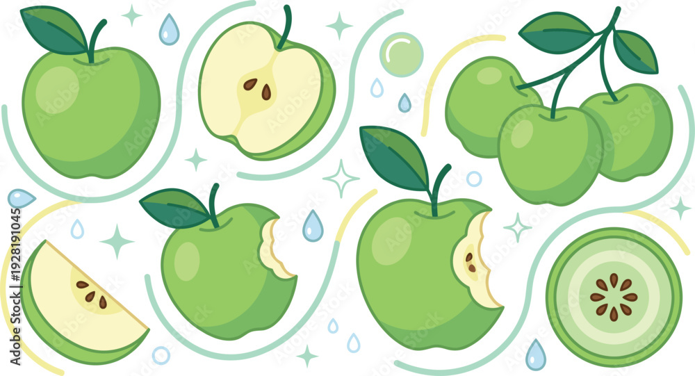 Εκτύπωση καμβά Green apple fruit set with whole bitten sliced and half cut pieces fresh healthy food collection for juice packaging and grocery design