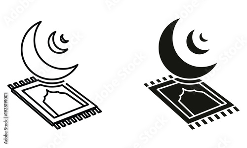 Islamic prayer mat and crescent moon icon set, clean line art and solid silhouette
