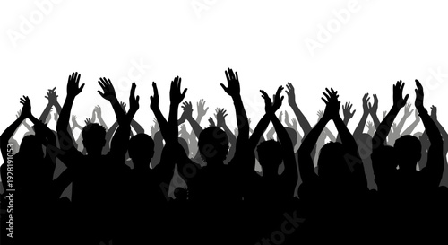 Silhouetted crowd with raised hands against white background.
