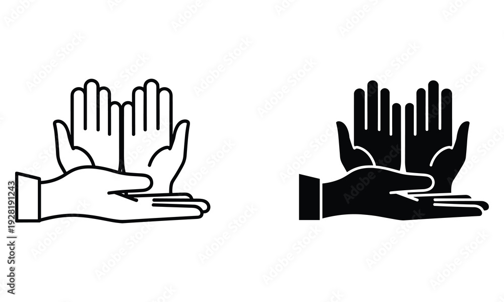 Fototapeta premium Two Hands Icon Set: Line Art and Solid Silhouette