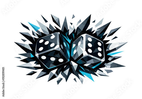 Futuristic Breaking Dice. Low-poly vector illustration of dice breaking through the roll burst, bold angular silhouettes snapping