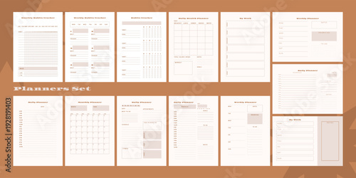 Set of minimalist monochrome abstract planners. Daily, weekly, monthly planner template. Blank printable vertical notebook page with space for notes and goals