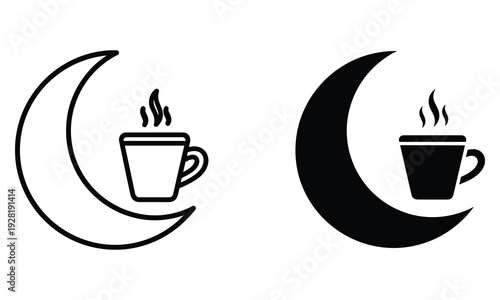 Moon Crescent with Hot Coffee Cup Icon, Black and White Line Art and Silhouette