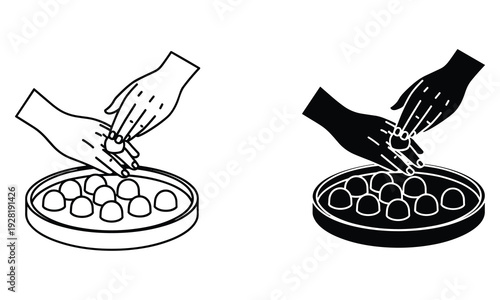 Hands shaping dough balls in petri dish - line art and silhouette