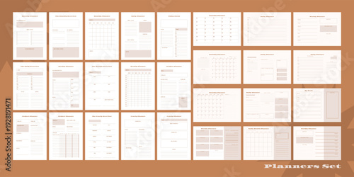 Set of minimalist monochrome abstract planners. Daily, weekly, monthly planner template. Blank printable vertical notebook page with space for notes and goals