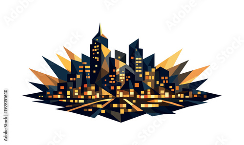 Low-poly vector illustration of night city lights as a direct hero depiction, abstract urban skyline constructed from sharp