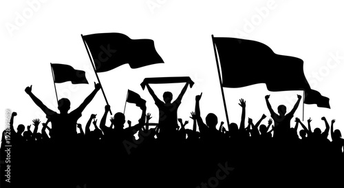 Crowd of people holding flags in the air together.