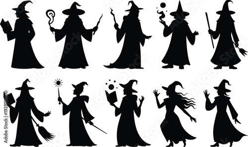 Ten black silhouette witches with various poses and accessories on white background