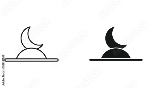 Crescent Moon Icon Set, Outline and Solid Fill, Isolated on White Background