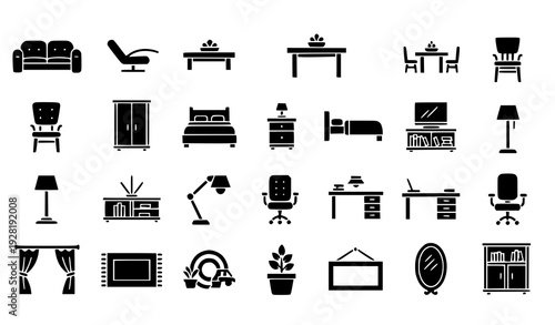 Clean Black Silhouette Household Furniture and Interior Icons