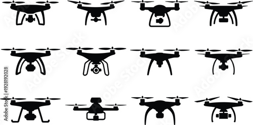 Twelve black and white drone with different and configurations shown in a grid layout technology