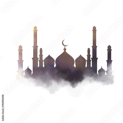 Mosque silhouette at dusk with crescent moon and foggy atmosphere