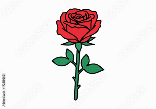 A singular vibrant red rose, captured in a clean, minimalist illustration against a stark white background, with its green stem and leaves prominently displayed
