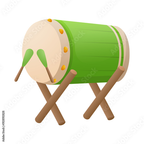 Green cartoon drum with wooden stands and drumsticks