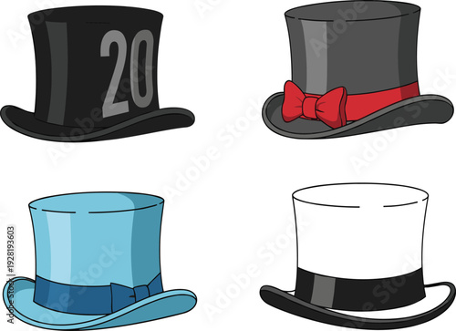 Four Hats with Different Colors and Accessories black hat