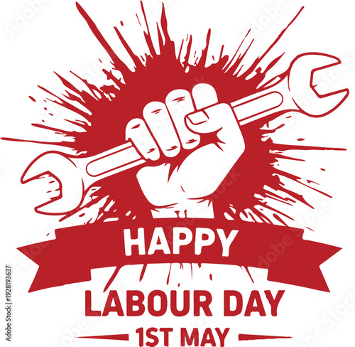 Happy labour day celebration with fist holding wrench on may 1st