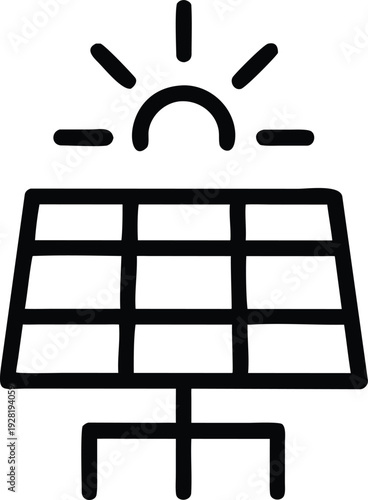 Black outline drawing of a solar panel generating energy from the sun in a clean power system