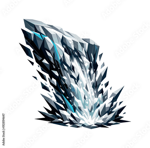 Low-poly vector illustration of a glacier slide collapse breakthrough moment, massive ice body fully giving way in a decisive
