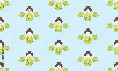 Matcha tea pattern background with teapot and woman in traditional kimono at Japanese tea ceremony