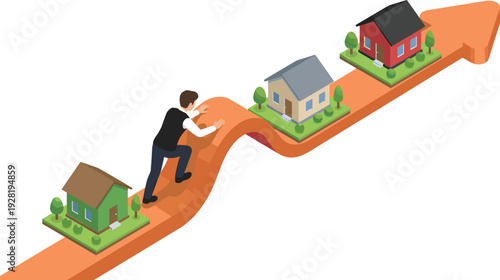 Real estate investment progress concept with businessman pushing growth arrow showing housing market development property value increase vector illustration