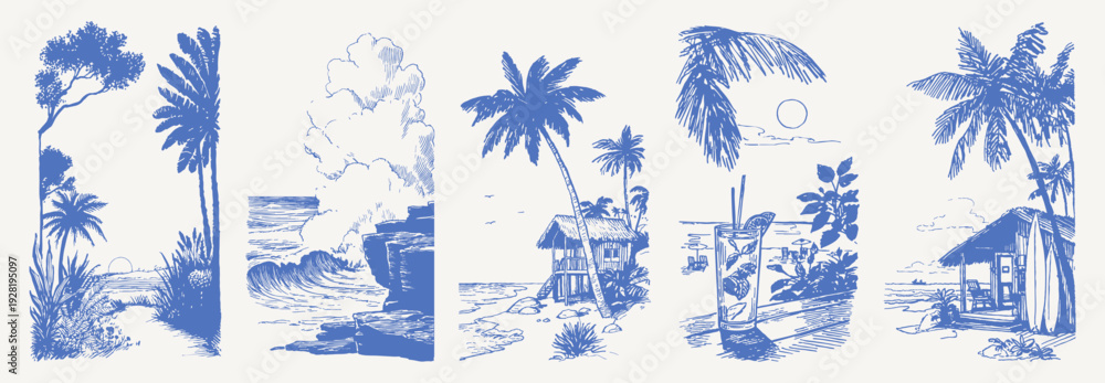 Naklejka premium Sunny seaside sunset vintage hand drawn crayon sketch. Drawing line illustrations show waves, palms, cocktails, umbrella beach and tropical plants. Retro vacation.