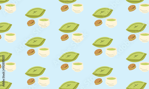 Matcha tea pattern background with matcha bowl, matcha dessert and tea ceremony cushion, Japanese green tea illustration