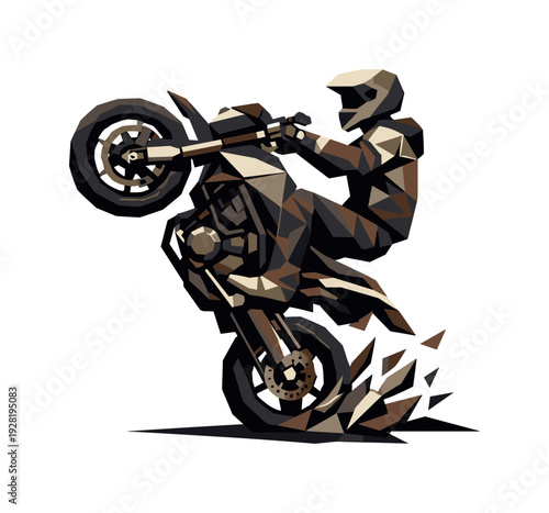 Low-poly vector illustration of a motorcycle at peak tension during the wheelie, bike balanced near vertical with visible angular
