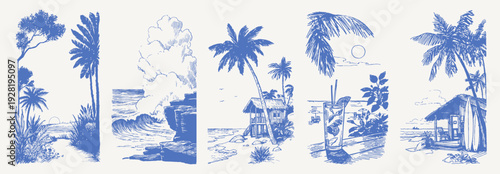 Sunny seaside sunset vintage hand drawn crayon sketch. Drawing line illustrations show waves, palms, cocktails, umbrella beach and tropical plants. Retro vacation.