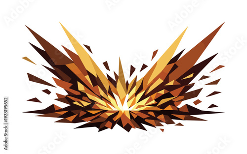 Low-poly vector illustration of a sunrise horizon burst under peak tension, sun compressed into dense angular planes at the