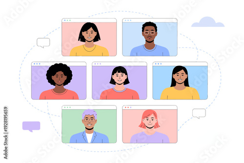 A diverse group of people in video conference call on computer screens