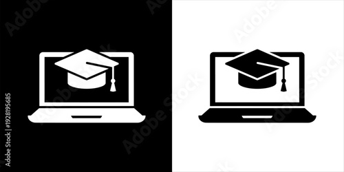 Online Education Icon Graduation Cap on Laptop Screen for Virtual Learning Concept