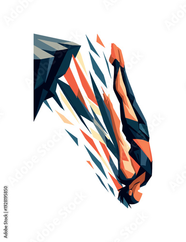 Low-poly vector illustration of a diver launching off the cliff, explosive downward motion with elongated angular limbs slicing