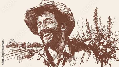 Smiling farmer portrait rural countryside field landscape. Man in straw hat with flowers near crops and barns, banner for agriculture branding. Ink hand drawn line sketch style.