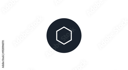 White Hexagon Icon on Black Circle.