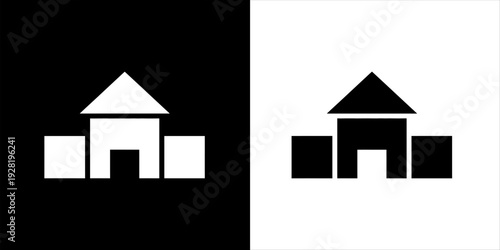 Simple architectural building icon in black and white on a contrasting background