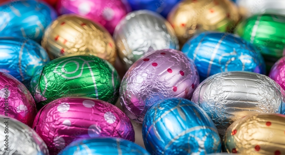 Fototapeta premium Colorful metallic Easter eggs shiny foil wrapped festive holiday celebration close-up background texture
